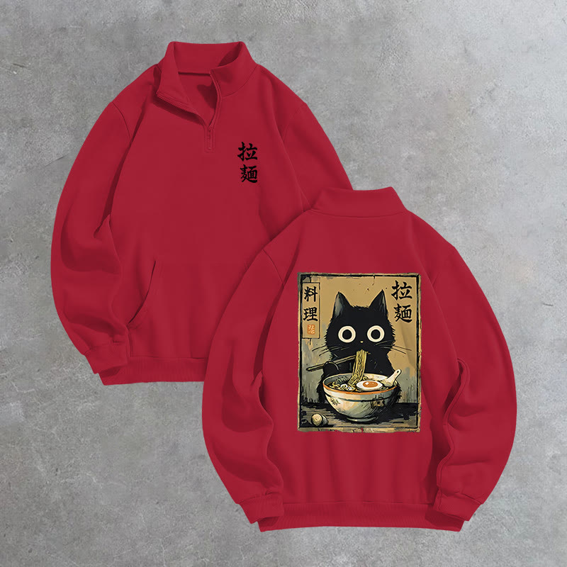 Unisex Cute Black Cat Eating Ramen Japan Classic Print Zip Sweatshirt - Red - US16-18(2XL) - image 5