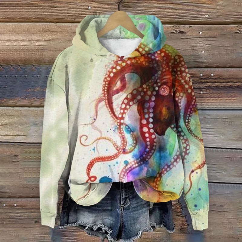 Watercolor Creative Octopus Print Long Sleeve Hoodie - Multicolor - 8XL - image 1
