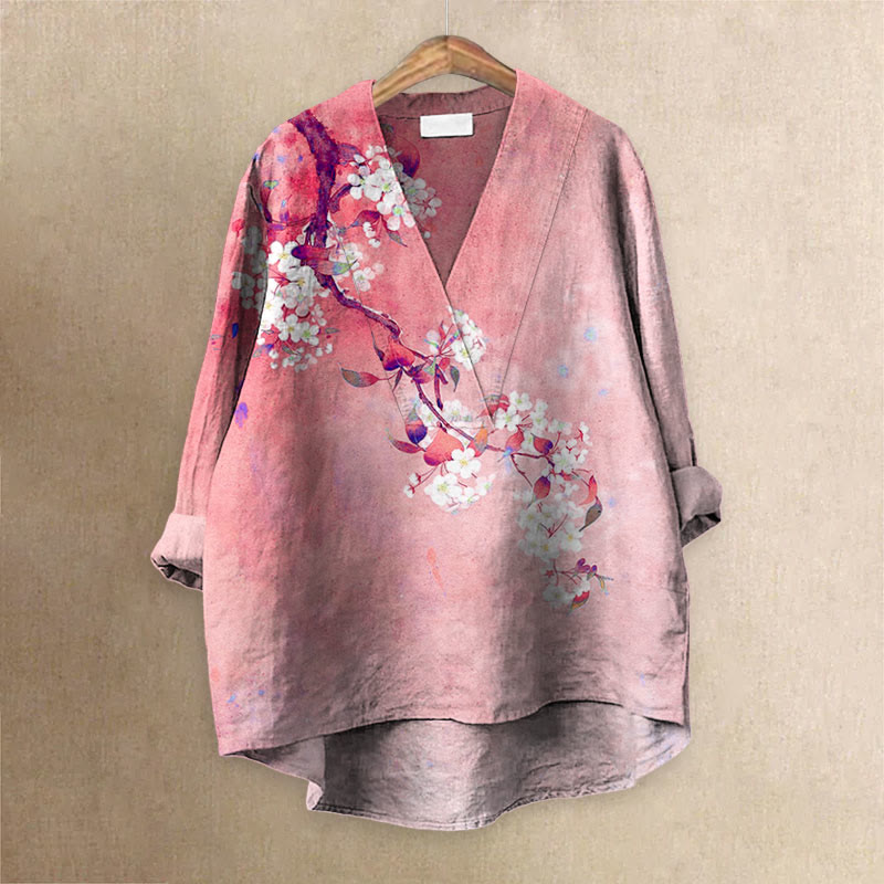 Japanese Antique Pear Blossom Ink Painting Printed Casual V-neck Blouse - Pink - 6XL - image 2