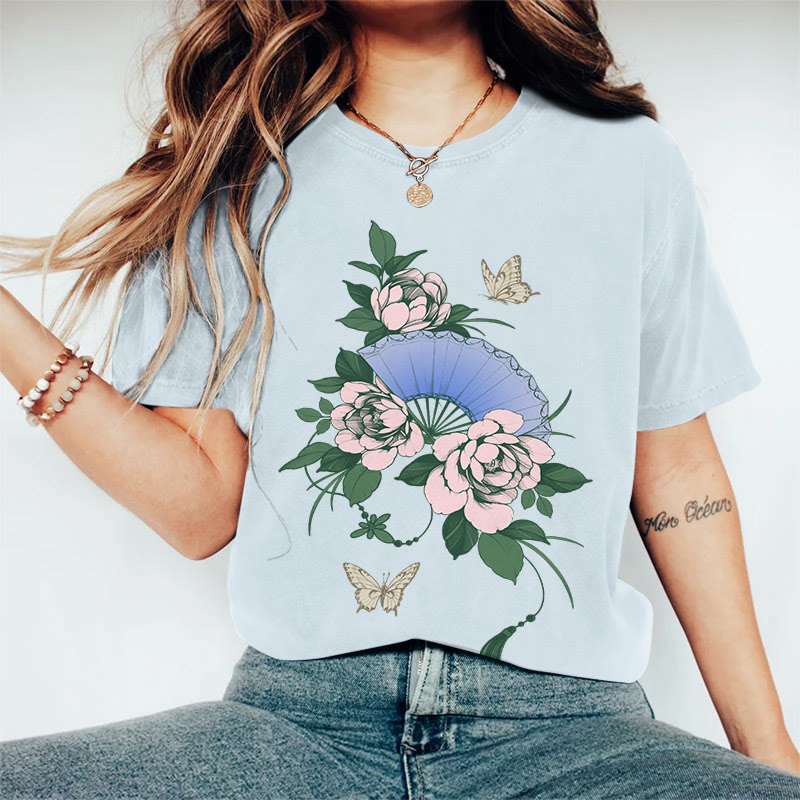 100% Cotton Women's Japanese Style Floral Butterfly Fan Art Print Casual T-shirt - Blue - 2XL - image 5