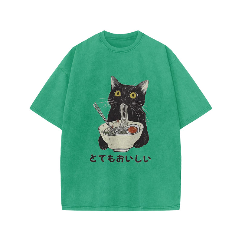 Unisex 100% Cotton Cats Eat Ramen Noodles Vintage Print Acid Washed T-shirt - Green - 3XL - image 7