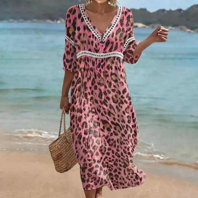 Elegant Wild Leopard Print Openwork Lace V-Neck Half Sleeve Maxi Dress - Rose - 4XL - image 4