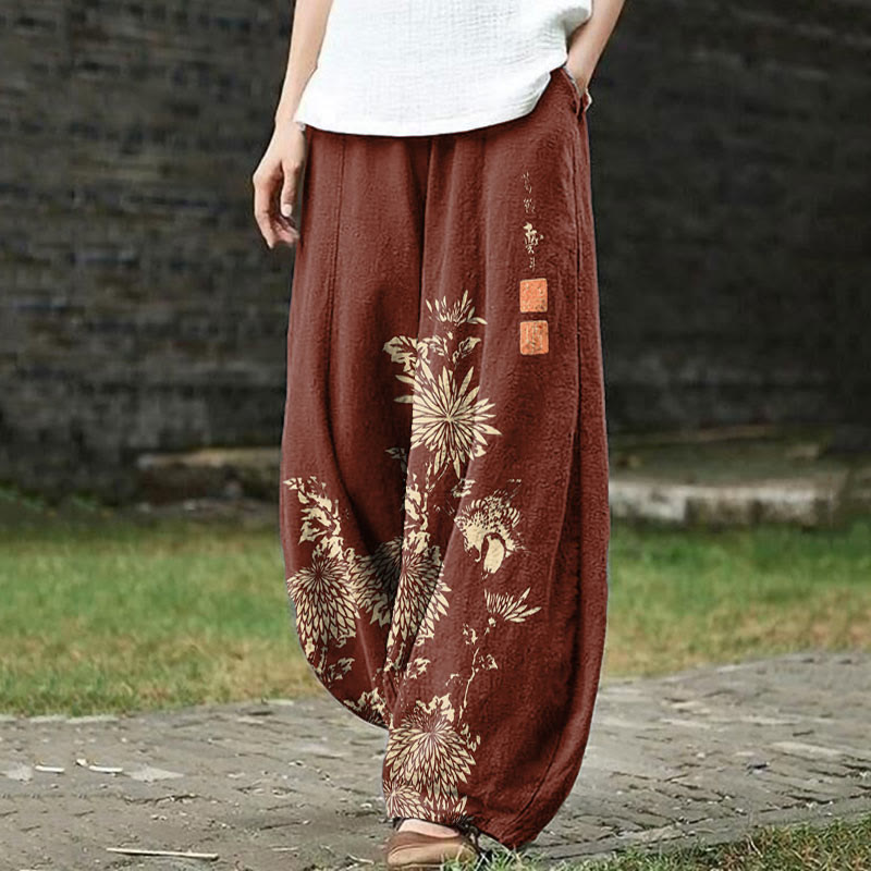 Vintage Chrysanthemum Print Casual Pants - Red - 5XL - image 7