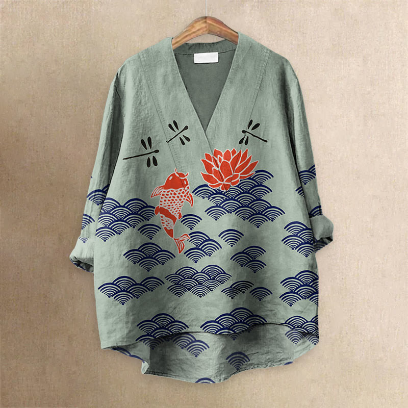 Japanese Style Koi Fish Dragonfly Wave Art Printed Casual V-neck Blouse - Mint - 6XL - image 3