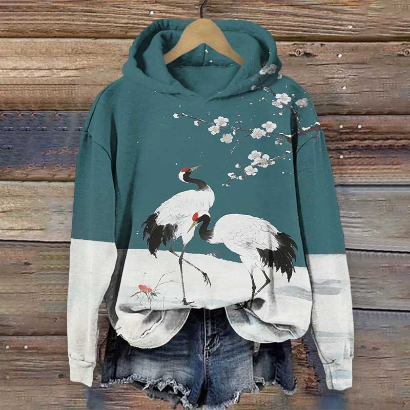 Japanese Winter Crane Under Plum Blossom Tree Print Long Sleeve Hoodie - Olive Green - US44-46(8XL) - image 5