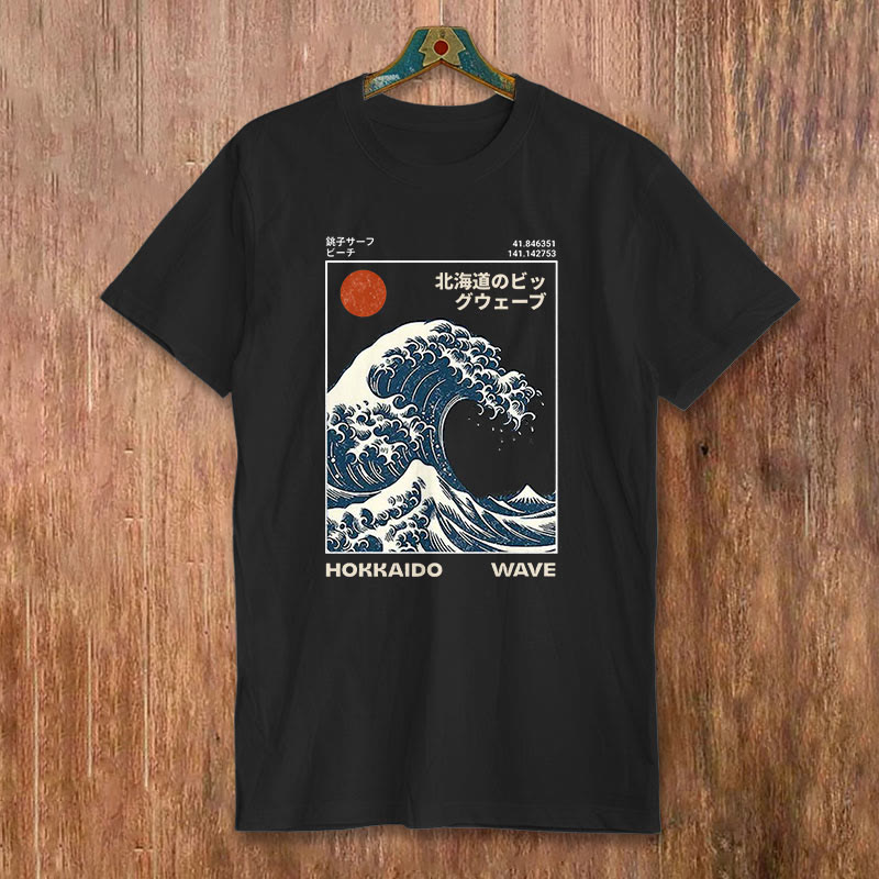 100% Cotton Hokkaido Wave Print T-shirt - Black - 2XL - image 4