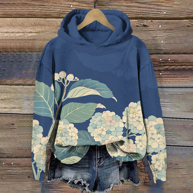 Vintage Cartoon Hydrangea Art Print Long Sleeve Hoodie - Blue - US44-46(8XL) - image 3