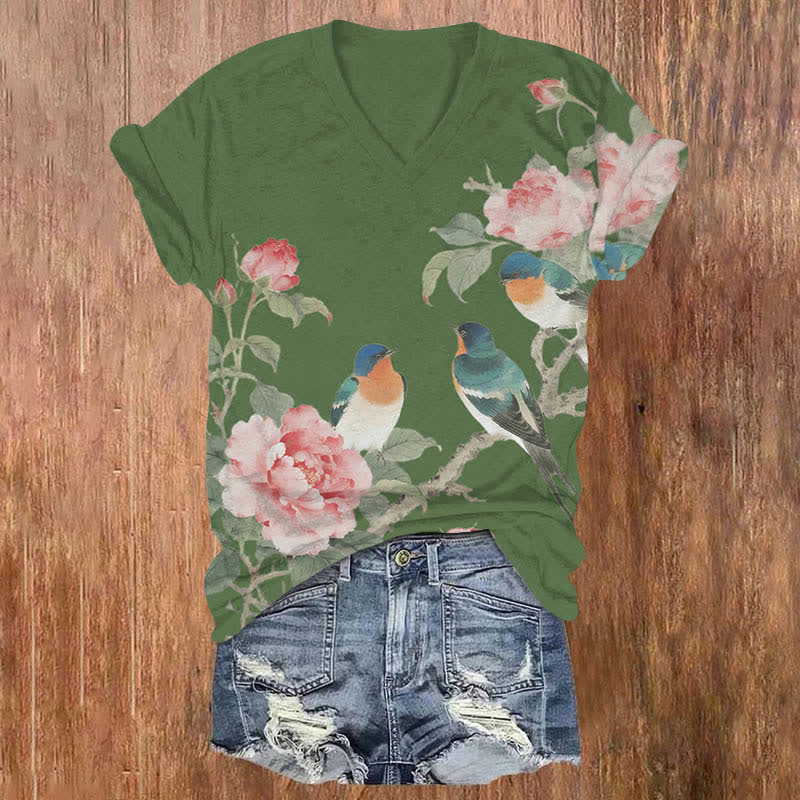 Vintage Rose Blossom & Bird Art Print V-neck T-shirt - Green - US32-34(5XL) - image 4
