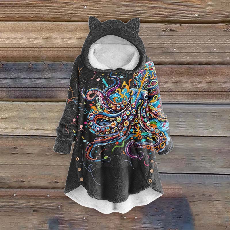 Women's Vintage Rainbow Octopus Art Print Pocket Cute Cat Ear Fuzzy Fleece Hoodie - Black - 6XL - image 2