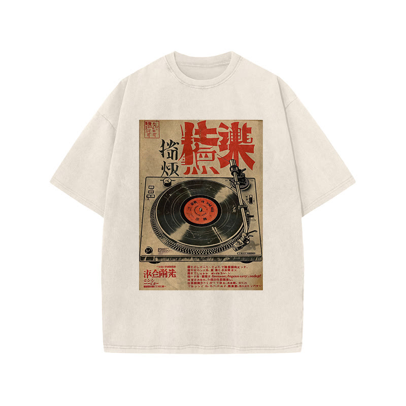 Japanese Turntable Pattern Print Acid Washed T-shirt - Beige - US20-22(3XL) - image 4