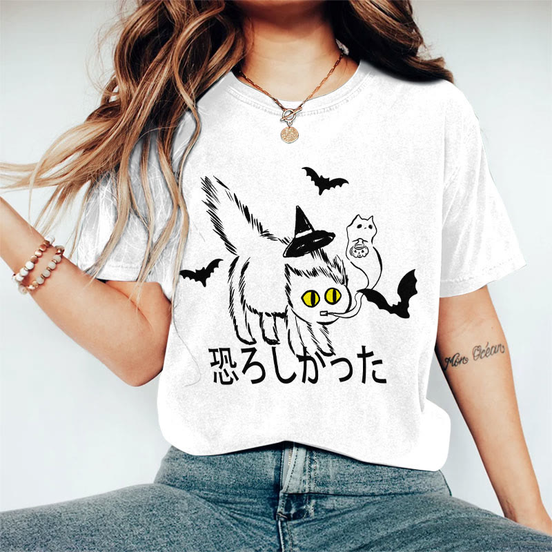 100% Cotton Women's Japanese Halloween Frightened Cat Art Print Casual T-shirt - White - 2XL - image 3