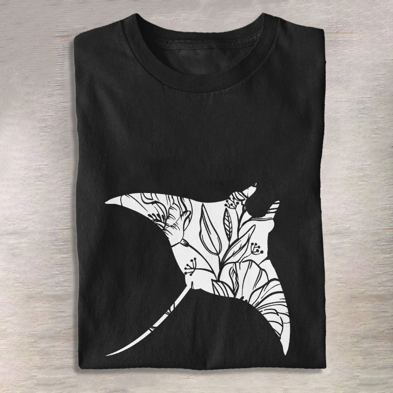 Unisex Floral Manta Ray Art Print Short Sleeved Crew Neck T-shirt - Black - 2XL - image 4