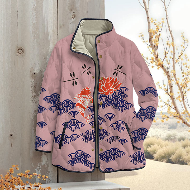 Japanese Style Koi Fish Dragonfly Wave Art Print Outerwear Jackets - Pink - 4XL - image 5