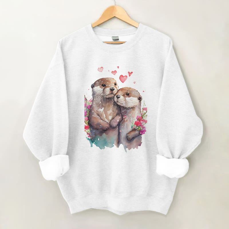 100% Cotton Valentine's Day Sea Otter Print Crew Neck Sweatshirt - White - 2XL - image 4