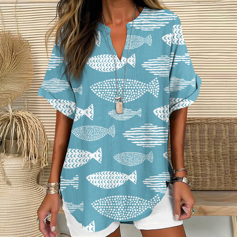 Minimalist Geometric Fish Print Short Sleeve Casual Blouse - Light Blue - 5XL - image 4