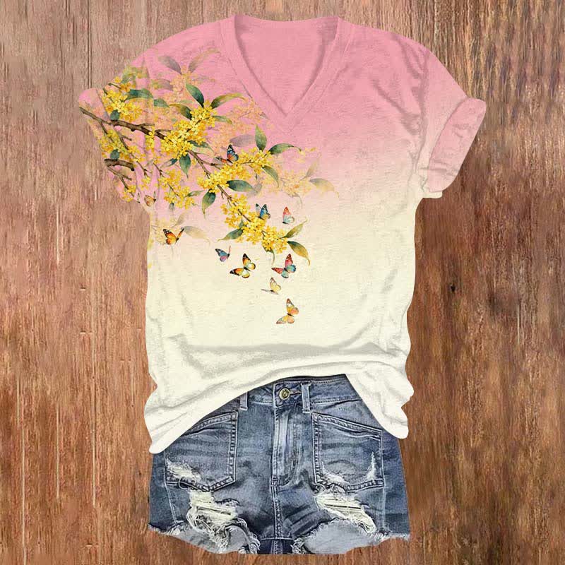 Japanese Vibrant Winter Jasmine & Butterfly Print V-neck T-shirt - Pink - US32-34(5XL) - image 2