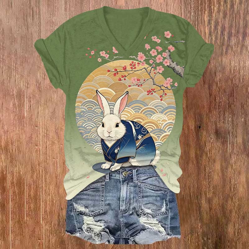 Japanese Wave Moon & Kimono Rabbit Art Print V-neck T-shirt - Green - US32-34(5XL) - image 2