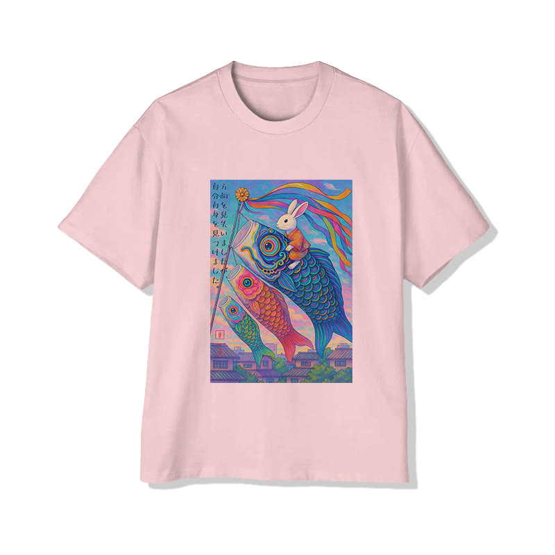 Unisex Japanese Koi Fish And Rabbits Print Short Sleeved Crew Neck T-Shirt - Pink - 2XL - image 3