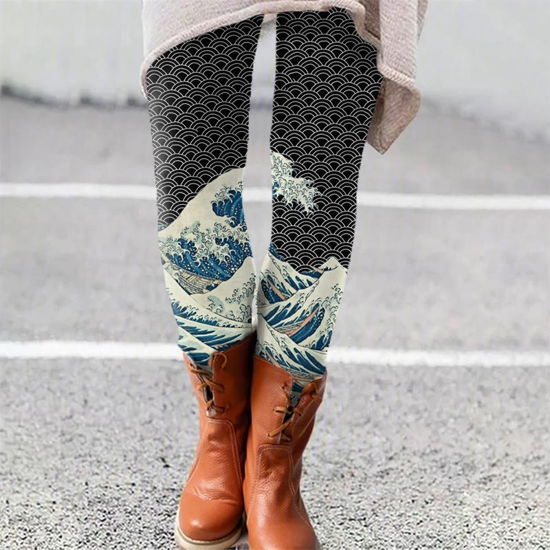 The Great Wave Off Kanagawa Inspired Japanese Art Print Leggings - Black - 5XL - image 2