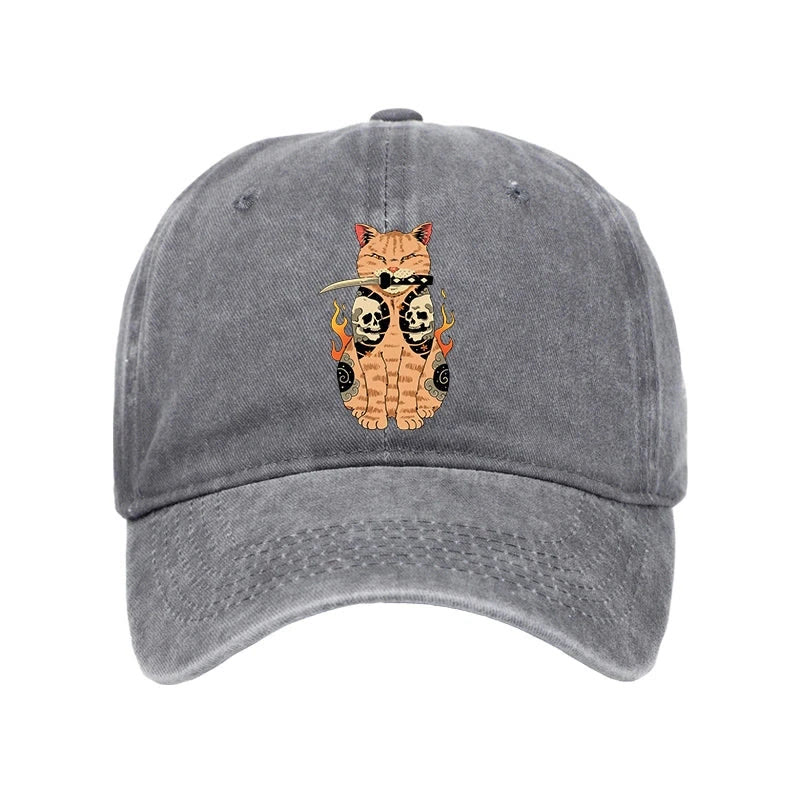 Unisex 100% Cotton Catana Cat Skull Tattooed Samurai Vintage Print Cap - Grey - one size - image 7