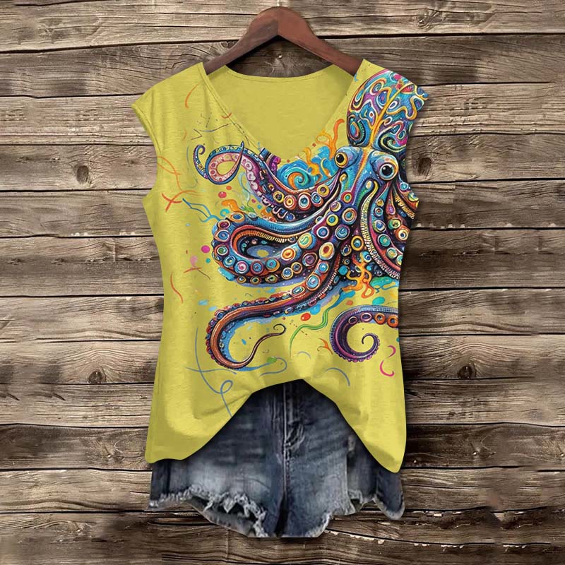 Vintage Rainbow Octopus Art Print V-neck Tank Top - Yellow - 5XL - image 4
