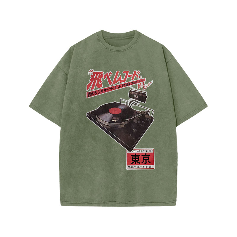 Vintage Japanese Phonograph Print Acid Washed T-shirt - Army Green - US20-22(3XL) - image 5