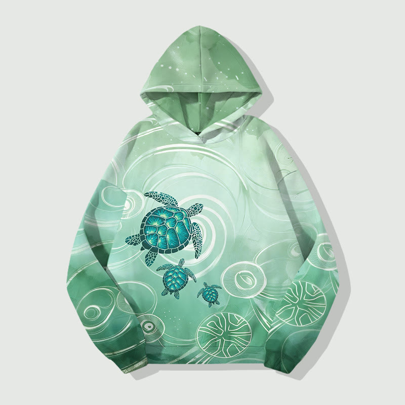 Geometric Lovely Sea Turtle Family Art Print Long Sleeve Hoodie - Green - US44-46(8XL) - image 3