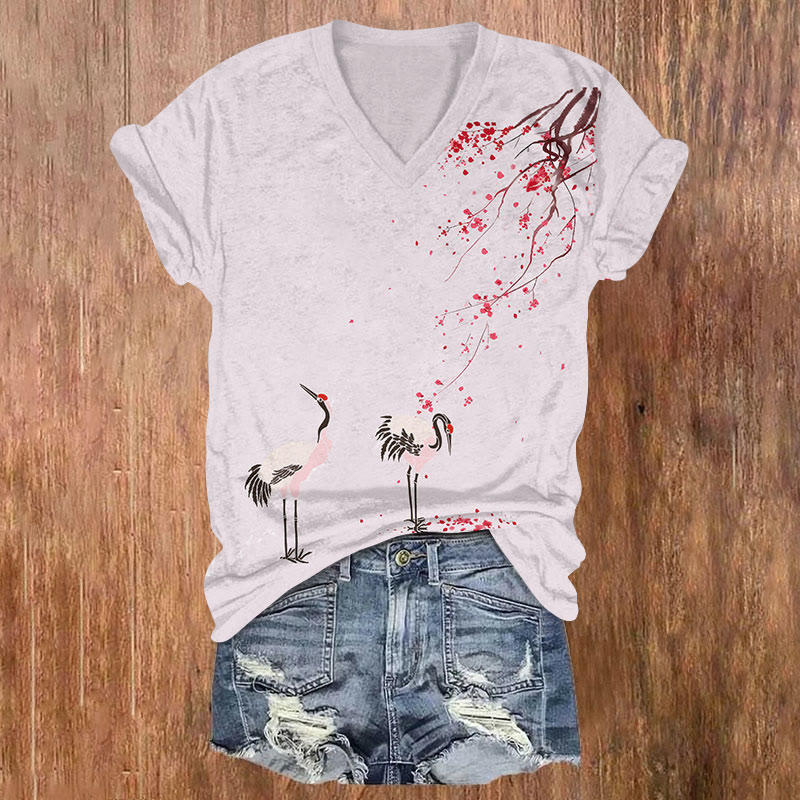 Japanese Crane Under Sakura Tree Art T-shirt - Light Purple - US32-34(5XL) - image 2