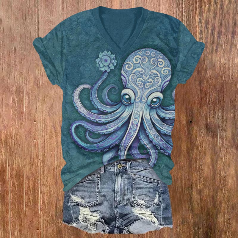 Vintage Cute Octopus Holding Flower Art Print V-neck T-shirt - Blue - US32-34(5XL) - image 2