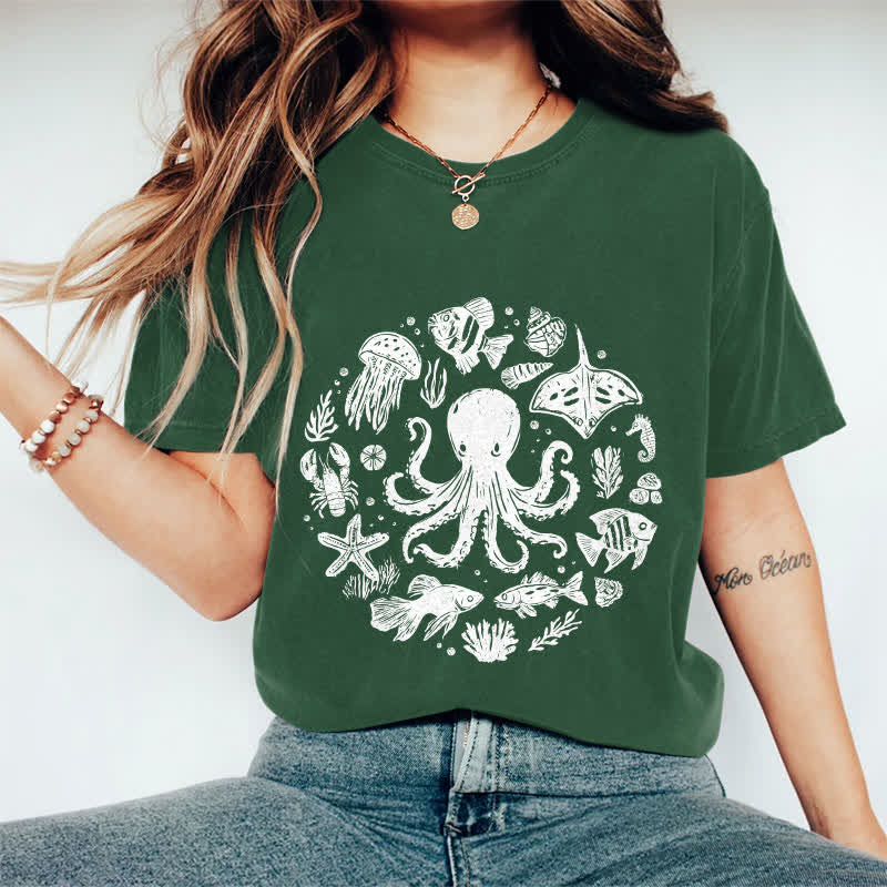 100% Cotton Japanese Cartoon Ocean Animals Art T-shirt - Dark Green - 2XL - image 11