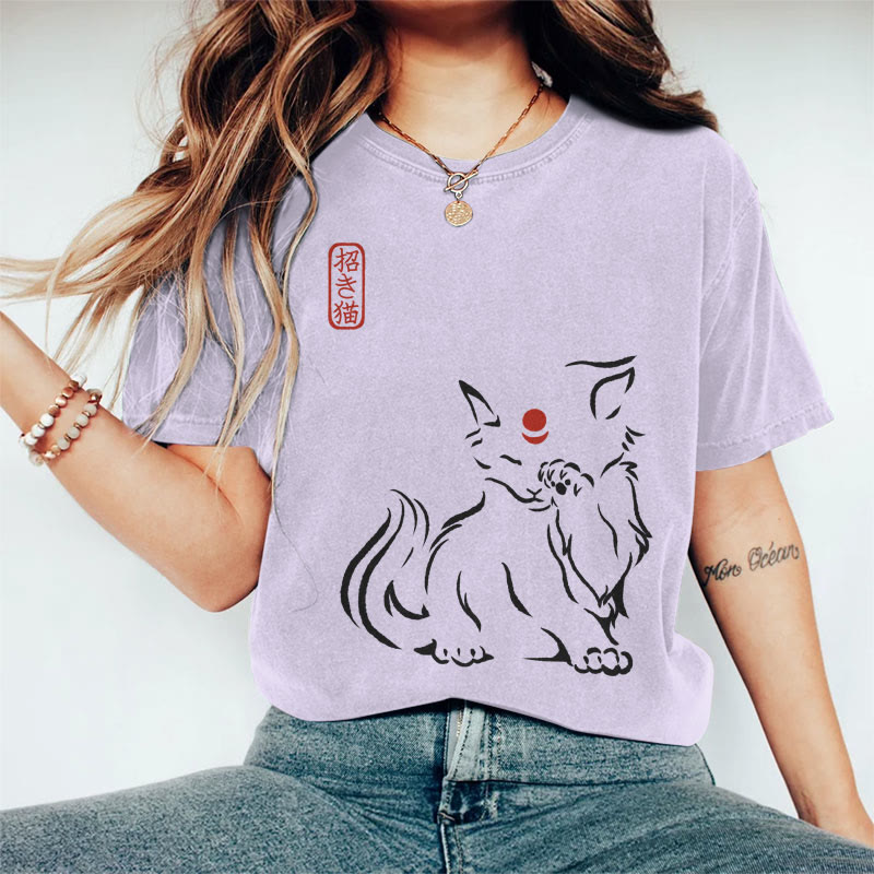 100% Cotton Women's Japanese Abstract Lucky Cat Art Print Casual T-shirt - Purple - 2XL - image 3