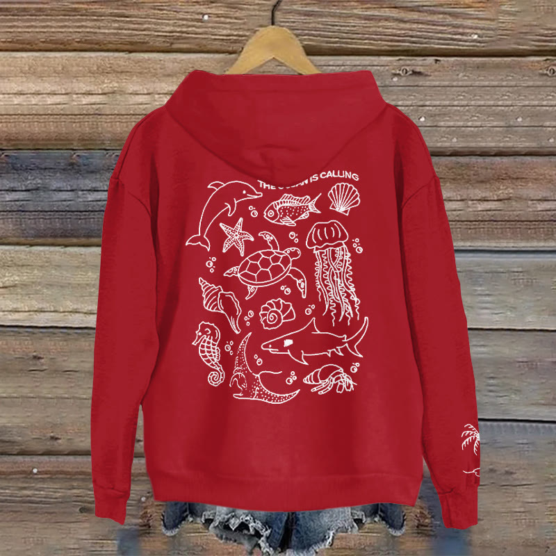 100% Cotton The Ocean Is Calling Print Hoodie - Red - 2XL - image 16