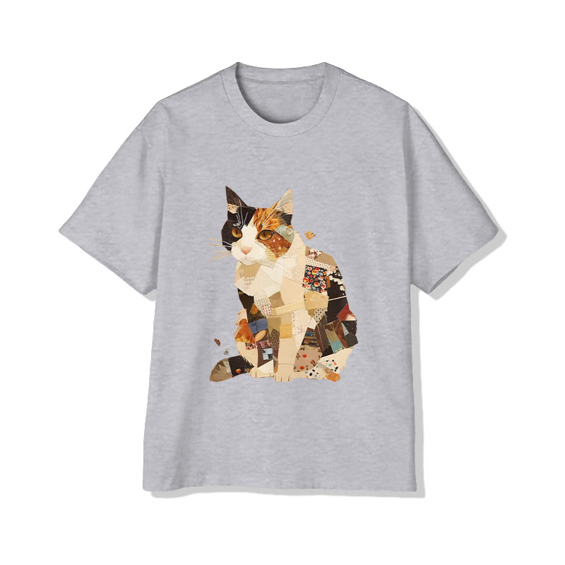 Unisex Funny Cat In Patchwork Clothes Print Short Sleeved Crew Neck T-shirt - Grey - 2XL - image 4
