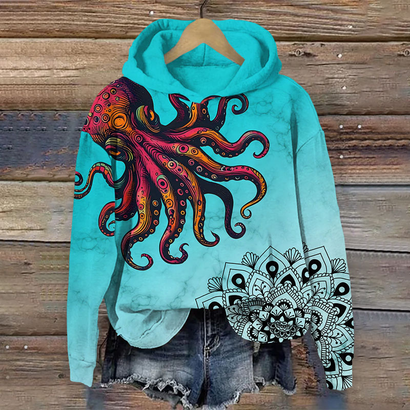 Retro Ethnic Floral Octopus Art Print Long Sleeve Hoodie - Lake Blue - US44-46(8XL) - image 2