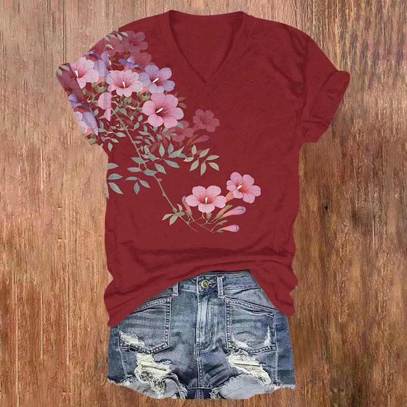 Japanese Watercolor Morning Glory Art Print V-neck T-shirt - Red - US32-34(5XL) - image 4