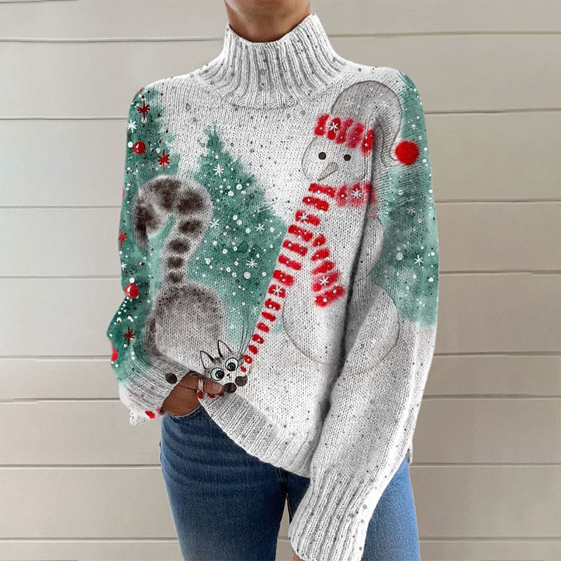 Retro Christmas Cats And Snowmen Print Turtleneck Pullover Sweater - image 2