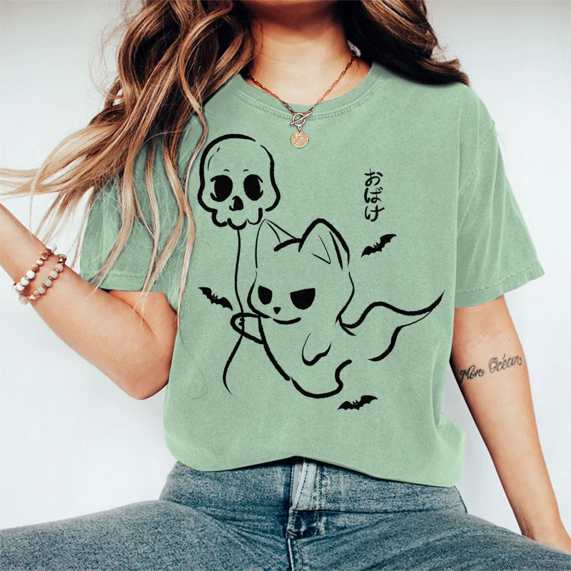 100% Cotton Women's Halloween Cat Holding Ghost Balloon Art Print Casual T-shirt - Green - 2XL - image 4