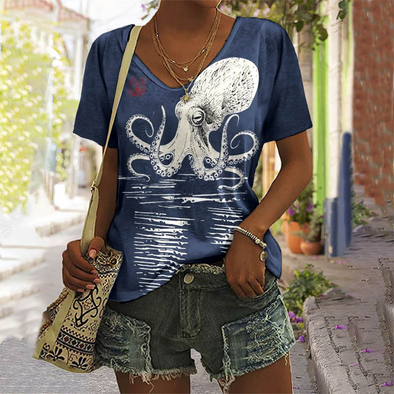  Blue Wave Octopus Print V-neck T-shirt - Blue - 5XL - image 1
