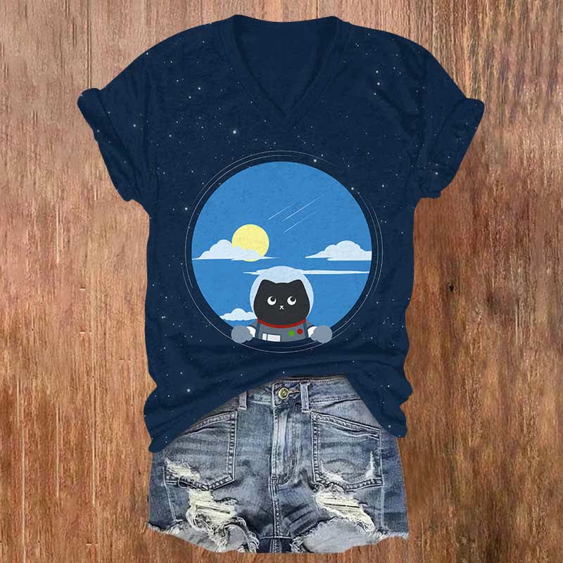 Curious Astronaut Cat Watching The Sky Print V-neck T-shirt - Dark Blue - US32-34(5XL) - image 5