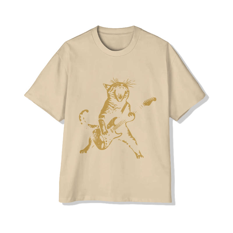 Unisex Vintage Rock Cat Playing Guitar Pattern Short Sleeved Crew Neck T-Shirt - Apricot - 2XL - image 4