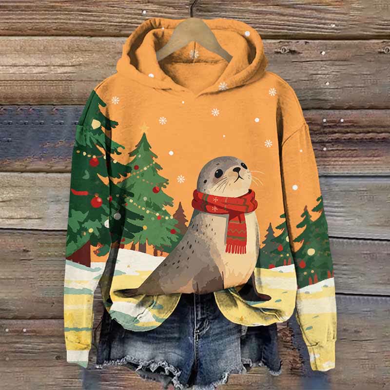 Christmas Winter Snowy Seal With Scarf Art Print Long Sleeve Hoodie - Orange - US44-46(8XL) - image 2