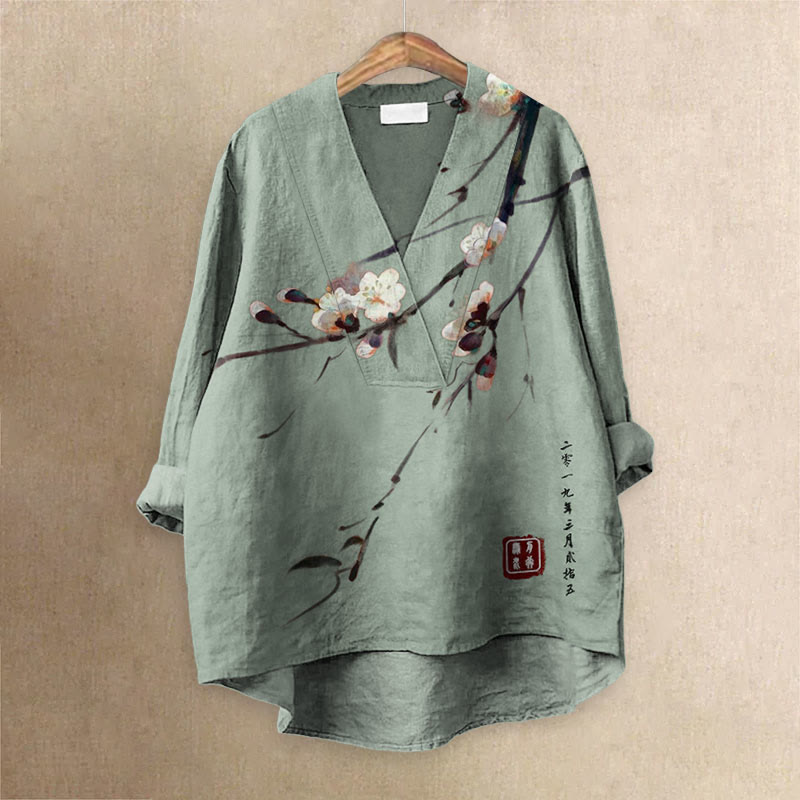 Vintage Plum Blossom Art Printed Casual V-neck Blouse - Green - 6XL - image 3