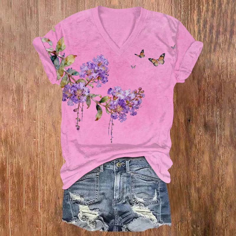 Vintage Crape Myrtle Flower Art Print V-neck T-shirt - Pink - US32-34(5XL) - image 6