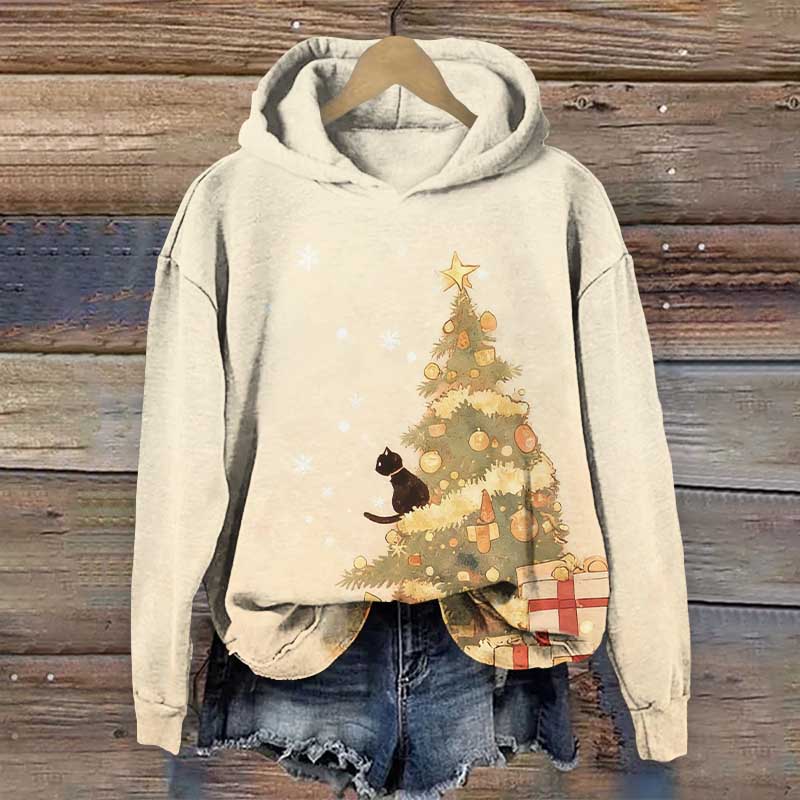 Black Cat Sitting On Gifts Decorated Christmas Tree Art Print Long Sleeve Hoodie - Apricot - US44-46(8XL) - image 2