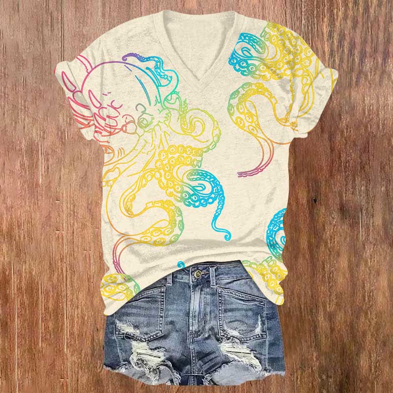Japanese Abstract Color Painting Octopus Art Print V-neck T-shirt - Yellow - US32-34(5XL) - image 3