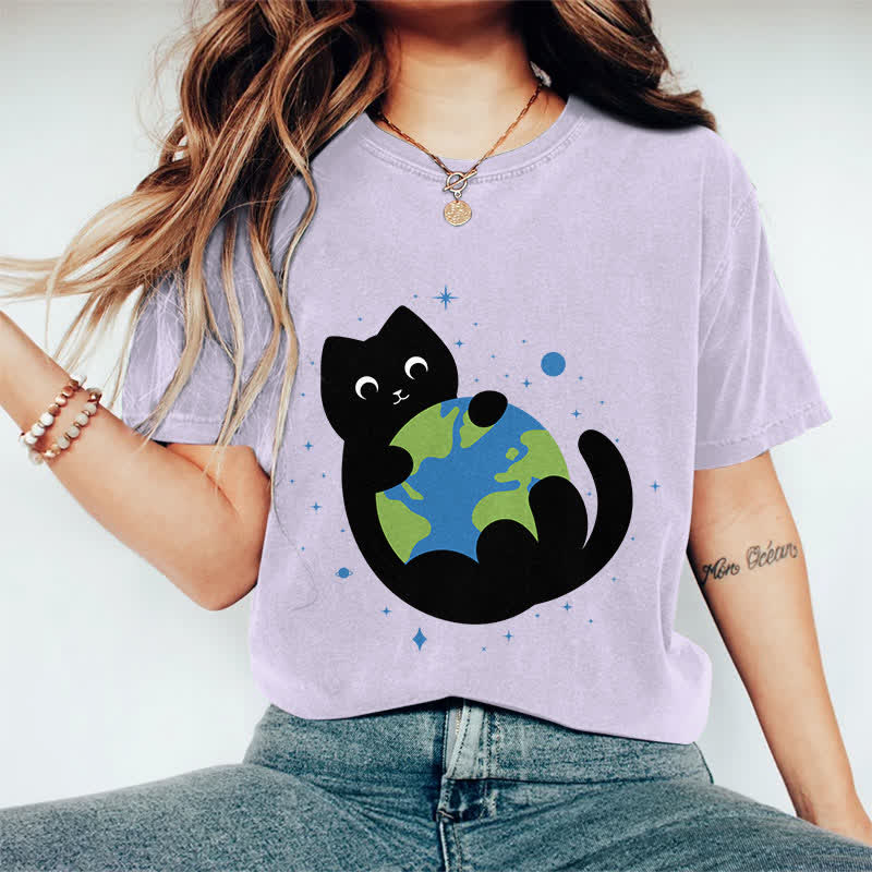 100% Cotton Funny Cat Holding The Earth Art Print T-shirt - Purple - 2XL - image 12