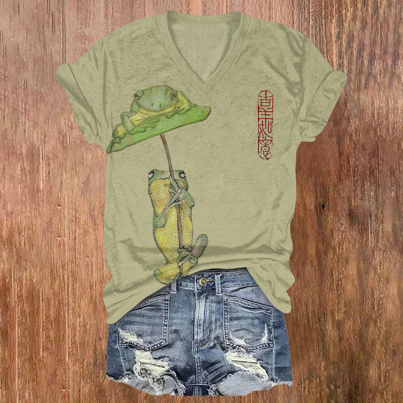 Whimsical Japanese-style Frog Printed Short Sleeved V-neck T-shirt - Light Green - US32-34(5XL) - image 1
