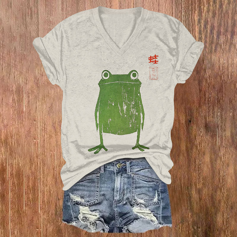 Japanese Funny Cartoon Frog Print Short Sleeved V-neck T-shirt - Light Gray - US32-34(5XL) - image 1