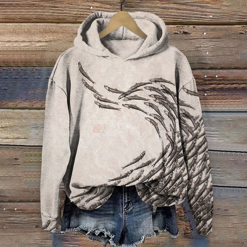 Japanese Art Fish Print Long Sleeve Hoodie - Apricot - 8XL - image 1