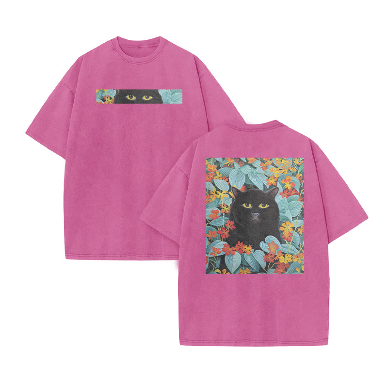 A Black Cat In A Field Of Blue Leaves Print Acid Washed T-shirt - Pink - US20-22(3XL) - image 8